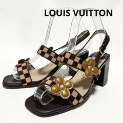 ルイヴィトン 36 1/2 ダミエ　ハラコ　サンダル　フラワー　チャンキーヒール ルイヴィトン 36 1/2 ダミエ ハラコ サンダル フラワー チャン