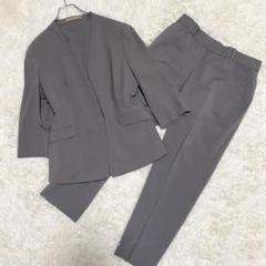 美品 オリヒカ パンツスーツ ノーカラー XL グレージュ 洗濯可 ストレッチ 美品 オリヒカ パンツスーツ ノーカラー XL グレージュ 洗濯可