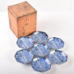 伊万里焼　古伊万里　染付　竹文　八角小皿　七客　時代箱付　C　R7593 伊万里焼 古伊万里 染付 竹文 八角小皿 七客 時代箱付 C R7593
