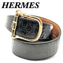 希少 美品✨ エルメス ベルト クロコ 黒 茶 金具 ホースビット レディース