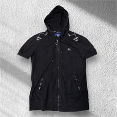 BURBERRY BLACK LABEL コットン ダブルジップ 半袖 パーカー チェックラベル コットン ジップフーディー (ブラック