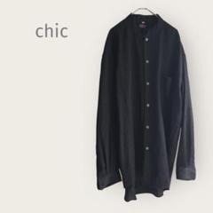 chic 【LB】バンドカラー　長袖シャツ　黒　総柄　光沢　大きめ　アジアン