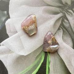 天然石ディープローズクォーツ×シャンパンシェル×アバロンオレンジ デザインピアス