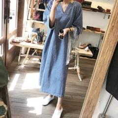 デニムブルー 七分袖 Vネック ロングワンピース