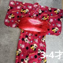 古着　レトロ　ミッキーミニーハイビスカス　浴衣　3-4才　ピンク　帯つき