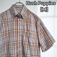美品★ハッシュパピー【Hush Puppies】半袖シャツ チェック 刺繍 水色