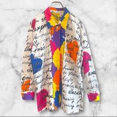 総柄シャツブラウスカラフルマルチカラーネオン派手個性的レトロポップハートボタン