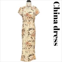 薔薇　ローズ　チャイナ服　ベロア　ベルベット　ピンク　くすみ　半袖　ロング