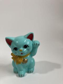 水色 招き猫 陶器製　置物　貯金箱