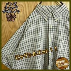 ブラック ブルー チェック USA古着 ボタンダウン 半袖 シャツ メンズ 白
