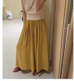 ワイドフレアパンツ イエローL ポケット 薄手 ゆったり ガウチョ 夏パンツ