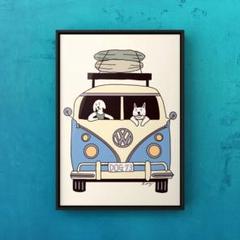 ★A4フレーム付き★オリジナル アートポスター SURF TRIP サーフ 犬