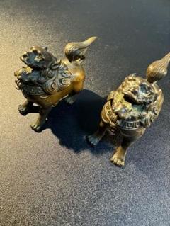 明治期 古銅鍍金 金工細工『絡み親子獅子 』大型置物 戯れ獅子