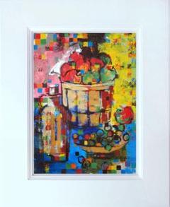 絵画油絵uF6-063704静物（果物かご瓶）