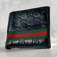 美品✨グッチ 二つ折り財布 シマ レザー シェリーライン GG柄 ブラック