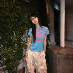Tシャツ 　ピチT y2k グランジ　平成ギャル　レディース　青　ブルー　L