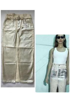 新品未使用ZARA シルバー　ロングスカート　M アイボリー　ベルト付き