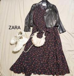 【ザラ】ドット柄 水玉 シフォン ロング ティアード ワンピース XS 黒×白 ZARA - 【ザラ】Vネック ドット シフォン ティアード ロング
