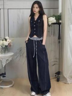 春夏デニムセットアップ✨カジュアル女子会コーデ❤️ルーズパンツ