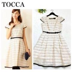 TOCCA FLAG ドレス刺繍 フレアワンピース ボーダー ラメ リボン M