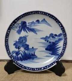 美品陶器年代物盛り皿楕円染付の山水の絵柄が素敵な古道具濃淡が