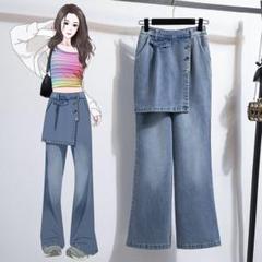 デザイン性抜群 春秋物 デニム ワイドパンツ 着痩せ フェイクインナー オシャレ