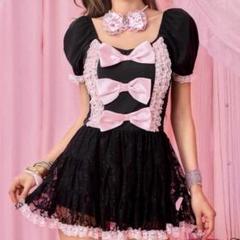 平成ギャル 姫ギャル 黒ピンク レースミニワンピース y2k 姫ギャル 姫系 胸元リボン ストライプ レース ストーン