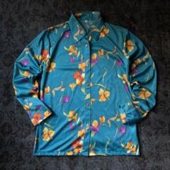 希少 90s 花柄 総柄シャツ フラワー レトロ ターコイズブルー 古着 日本製