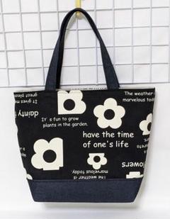 お花と英字（ブラック）のミニトートバッグ・ハンドメイド
