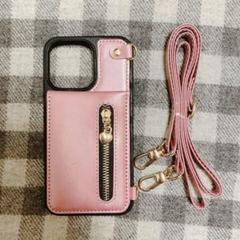 背面手帳型 iPhone13Pro カードケース　ピンク　ショルダーストラップ付