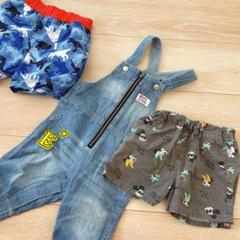 夏セット90ミッキー柄ショートパンツ・迷彩柄水着・デニムオーバーオールセット
