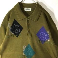【個性派古着】デザインポロニット　襟付きセーター　SIMPSON　豪華刺繍　M