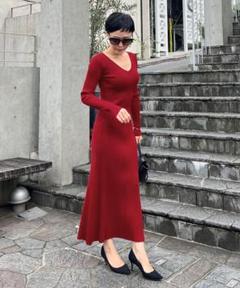 Vネックリブニット　ロングスリーブワンピース