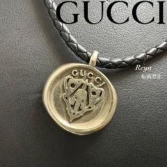 [USED] GUCCI シルバー ブラックレザー クレスト コイン ネックレス