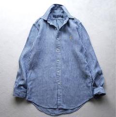 ラルフローレン ポニー刺繍 ストライプ リネンシャツ 長袖 羽織り ネイビー 紺