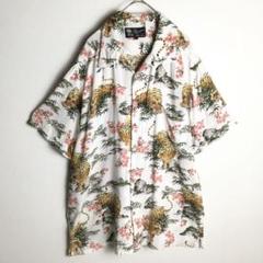 【半袖シャツ】アロハ オープンカラー 総柄 トラ アニマル 花 開襟 3L 古着