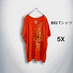 ビッグ花柄キラキラプリントレディースTシャツ オレンジ 5X