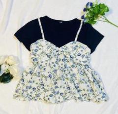 ネイビー　花柄　重ね着風トップス 150cm半袖　夏服　女の子　可愛い