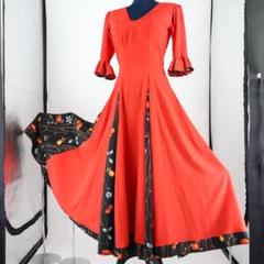 【美品 フラメンコ衣装】鮮やかレッド×切り替え花柄 ドレス シージョ SET 美品 フラメンコ衣装】鮮やかレッド×切り替え花柄 ドレス