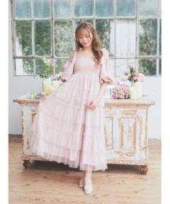 Areeam ジャガードパフスリーブチュールワンピース ライトブルー