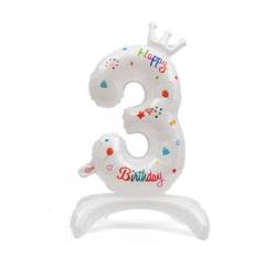 32インチ立てるお花ナンバーバルーン3王冠付き　お誕生日バースデー風船数字記念日