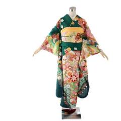 印象のデザイン 振袖 身長151-166cm 鮮やか緑正絹 着物・浴衣