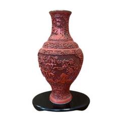 NO395 寿水　蟹　彫刻　細工壺　花瓶　壷　印あり　補修アリ 中国美術 骨董 堆朱 漆彫り花瓶 彫刻花瓶 彫漆花瓶（花の彫刻