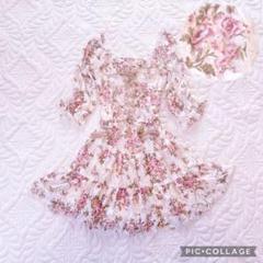 LIZLISA系♡ローズ柄総レース 編み上げ ティアード ミニワンピ アイボリー LIZLISA系♡ローズ柄総レース 編み上げ ティアード ミニワンピ