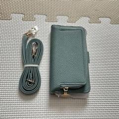 ☆ iPhone 15PROケース手帳型ショルダー付き財布機能ミラー付きグリーン