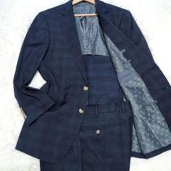【極美品】ギンザグローバル　L　グレンチェック　スーツ上下　ネイビー　ゆったりめ