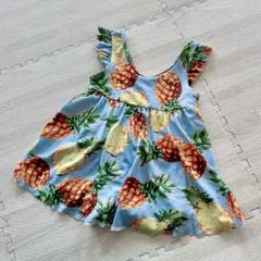 美品 パイナップル柄 ベビー水着 水色 フリル 肩フリル ワンピース水着 80