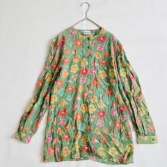 アクリス　長袖　ノーカラー　シャツ　ブラウス　シルク　花柄　総柄　フラワー