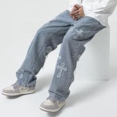 古着風 ストリート ワイドデニム 2XL リメイクジーンズ 十字架 春服