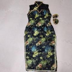 クリアストーンチャイナドレス 黒花柄 シルク風/コスプレチャイナドレスのサムネイル